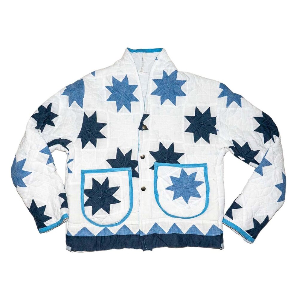 Handmade Blue Star Quilted Women's Jacket - Oversized M/L
